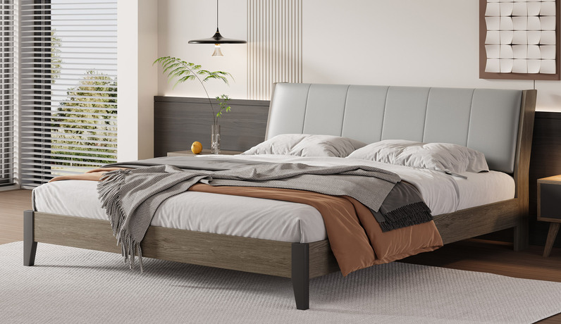 艺家 北欧风格 进口落叶松木排骨条 优质皮艺 高弹软靠浅灰色 1.5*2.0米大床(适配床垫厚度200-220mm)