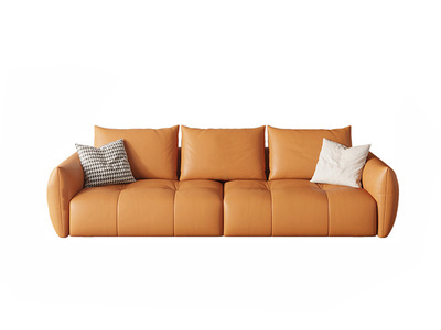  客厅意式极简 优质皮艺+实木框架+高密度海绵 暮光橙 直排沙发 大四人位