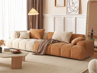  极简风格 科技绒布+实木框架 奶油色系方块布艺沙发 米白色+棕色 2.7米直排组合沙发