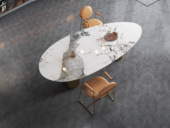 慕梵希 轻奢风格 防刮耐磨 潘多拉亮光岩板+不锈钢钛金底架 金色钛金异形餐桌 1.8米餐桌