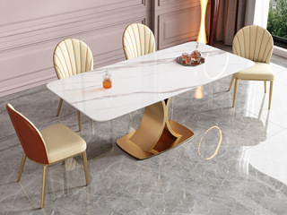  轻奢风格 防刮耐磨 12mm亮光羊脂白玉岩板+不锈钢钛金底架 1.4米餐桌