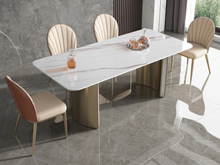  轻奢风格 防刮耐磨 12mm亮光羊脂白玉岩板+不锈钢 1.4米餐桌