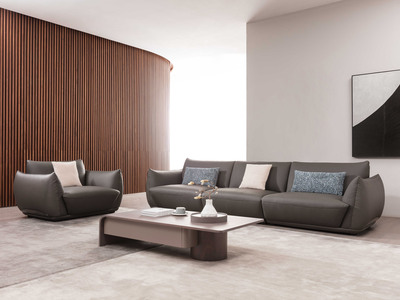  极简风格 头层进口小黄牛皮+实木框架+高密度回弹海绵 组合沙发 单人位+四人位