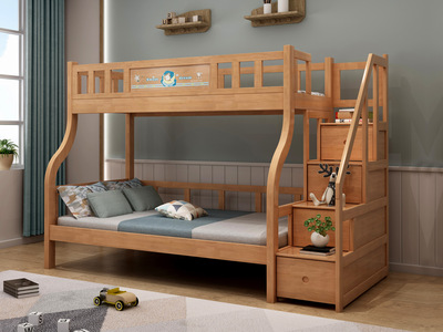  简美风格 橡胶木+松木床板 环保健康 儿童床 浅胡桃色 1.5*1.9米踏步床