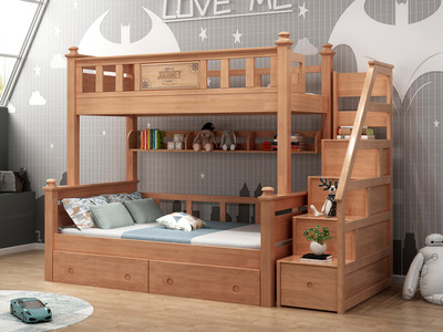  简美风格 橡胶木+松木床板条 环保健康 儿童床 浅胡桃色 1.5*1.9米踏步床（包含书架、抽屉）