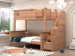  简美风格 橡胶木+松木床板条 环保健康 儿童床 1.2*1.9米子母床（含梯柜）