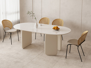   奶油风 个性桌面设计椭圆款 雪山石亮光岩板 环保烤漆工艺 1.8米 餐桌
