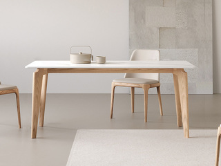  北欧风格 雪山石哑光岩板 坚固白蜡木架 原木色 1.6米餐桌