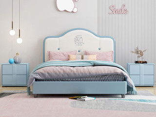  简美风格 科技皮+硅胶皮+松木框架 环保健康 儿童床 蓝色 1.35*2.0米