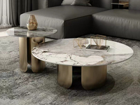 慕梵希 轻奢风格 潘多拉亮光岩板面（大岩板）+意大利浅灰（亮光小岩板） +不锈钢拉丝 茶几组合（大圆+小圆）