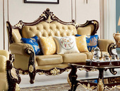 温莎公爵 欧式新古典黑檀系列 真皮+高回弹海绵+进口榉木 黄色 三人位沙发（抱枕花色随机发货）