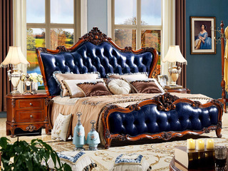  欧式新古典黑檀系列 真皮+高回弹海绵+进口榉木 蓝色 卧室床 1.8*2.0米