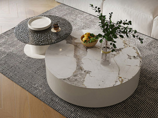  极简风格 设计师颜值创意茶几 潘多拉亮光岩板台面+水波纹台面 0.9米 茶几组合（大圆+小圆）