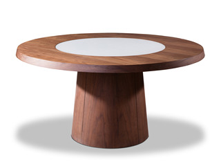  极简风格 泰国进口橡胶木 钢化玻璃 胡桃木皮 1.375米 餐桌（玻璃转盘 可旋转）