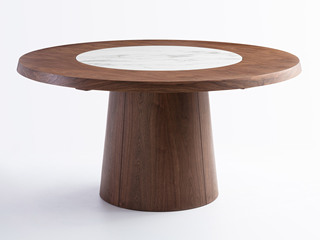  极简风格 卡拉拉白哑光岩板 泰国进口橡胶木 胡桃木皮 1.5米 餐桌（岩板转盘 可旋转）