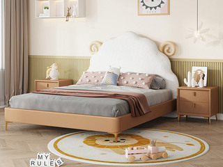  轻奢风格 奶油风绵羊床 羊羔绒+高密度海绵+实木框架 米白色 1.5*2.0米 儿童床（搭配10公分松木排骨架）