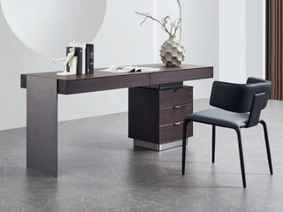  极简风格 烟熏色木皮+高光灰色+不锈钢架 1.6米 书桌