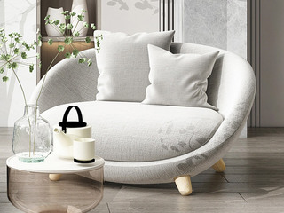  北欧风格 沙发椅 棉麻布+实木弯板+高密度海绵+白蜡木脚 米白色 休闲椅