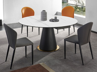  现代简约 耐磨耐高温哑光岩板+6mm玻璃+碳素钢脚 旋转伸缩 方圆两用 1.35米 复合折叠餐桌