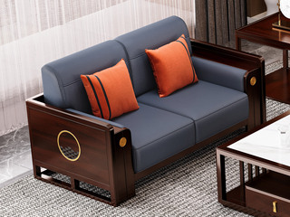  新中式 传家之选 非洲进口乌金木+科技布+高密度回弹海绵 蓝色 双人位沙发（抱枕随机发货）