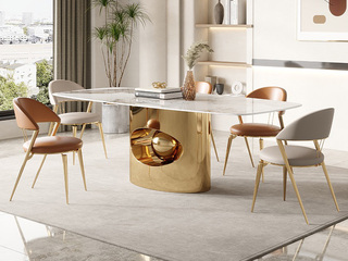  轻奢风格 创意设计 亮光岩板台面+不锈钢钛金底架  1.8米 餐桌