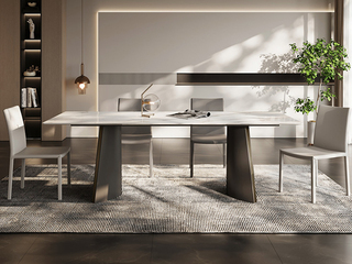  极简风格 防刮耐磨 哑光岩板台面+不锈钢古铜拉丝+碳素钢  1.8米 餐桌