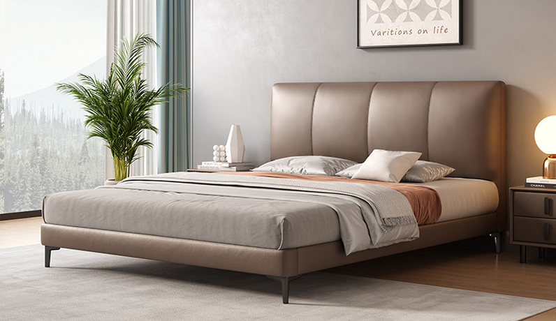 歌迪 极简风格 进口头层黄牛皮+高回弹海绵+实木框架 土棕色 卧室真皮床 1.8*2.0米（搭配10公分松木排骨架）