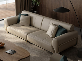  轻奢风格 真皮+实木+高密度海绵+不锈钢镀金 五人位沙发