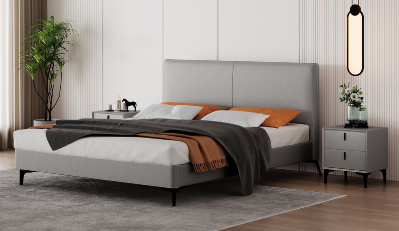 卡罗亚 极简风格 超柔科技布+高回弹海绵+实木框架+五金脚 1.5米 浅灰色 布艺床（搭配10公分钢木排骨架）