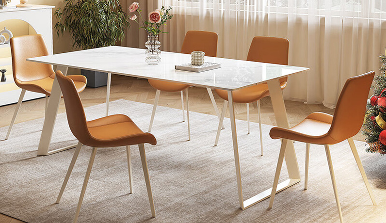 歌迪 奶油风 橙色肤感皮+奶油白碳素钢 餐椅