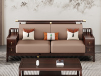檀雅居 新中式 传家之选 进口乌金木+猫抓皮+高密度回弹海绵 多功能储物 红檀色 三人位沙发（抱枕随机发货）（底板为整体不可拆 下单前需确认电梯和楼梯尺寸）（展厅同色）