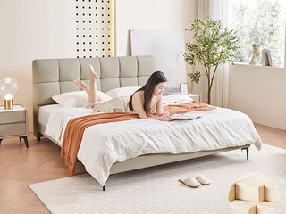  极简风格 奶油床 头层牛皮 舒适高回弹海绵软包床 米灰色 1.8*2.0米真皮床（此产品有短途物流费）