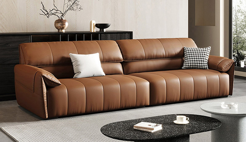 罗曼仕 意式极简 钢琴键真皮沙发 高定头层黄牛皮 蓬松柔软羽绒填充头枕 优质高回弹海绵座包 四人位沙发