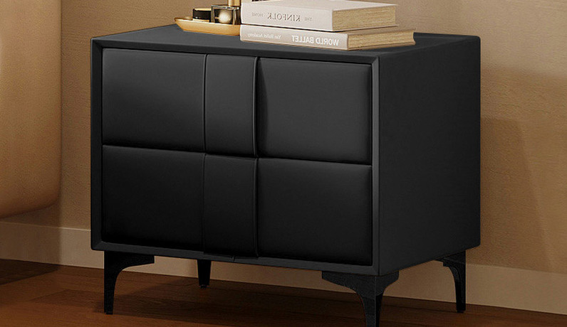 歌迪 极简风格 优质扪皮 全实木柜体 暗夜黑 床头柜