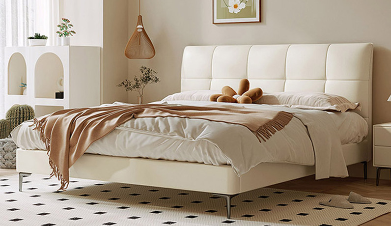 歌迪 极简风格 格子软包床 抗皱耐撕拉仿真皮 内柔外刚高回弹海绵 健康环保落叶松实木框架 奶油白 1.5*2.0米床（搭配10公分松木排骨架）