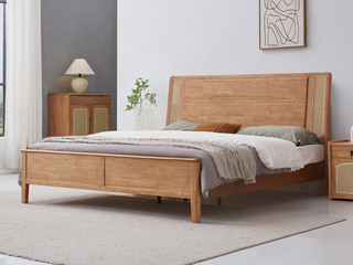  侘寂风 藤编床头设计 优质进口橡胶木 浅柚色 静音床板 1.8*2.0米床