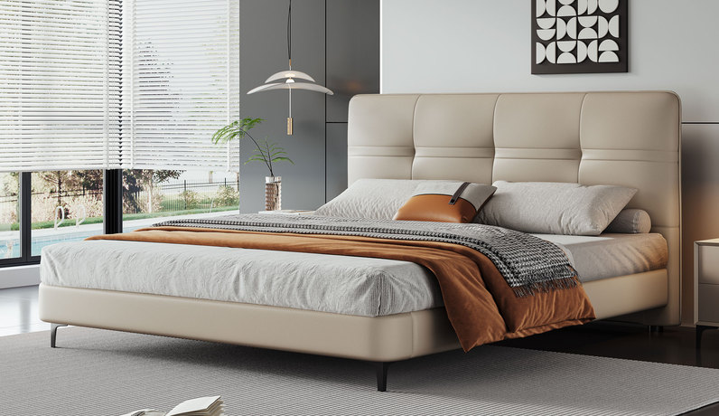 歌迪 【门店畅销】极简风格 高定头层黄牛皮 黄金坐靠倾角顺脊护腰舒适承托 高密度海绵饱满有型软弹释压+5A级俄罗斯进口落叶松实木框架 三面齐边节省空间 1.8*2.0米 浅卡其 真皮床（搭配10公分松木排骨架）