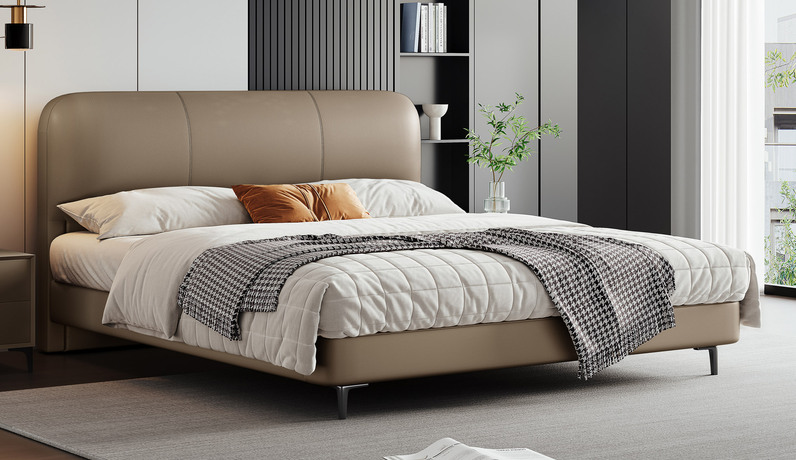 歌迪 极简风格 柔韧细腻仿真皮 内柔外刚高回弹海绵 俄罗斯进口落叶松实木框架 棕咖色 1.8*2.0米床（搭配10公分松木排骨架）