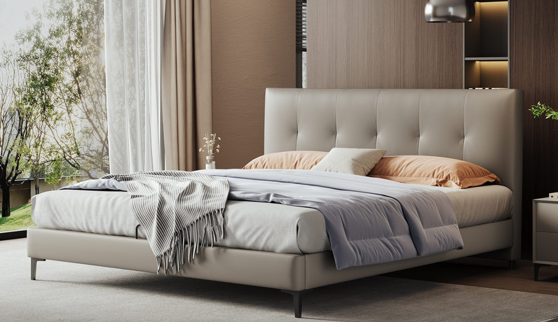 歌迪 极简风格 艺术拉点软包床 进口头层黄牛皮 高回弹高密度海绵 俄罗斯落叶松实木框架 浅灰色 1.8*2.0米床（搭配10公分松木排骨架）