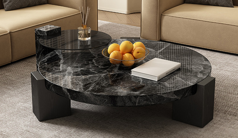 欧瑞仕 意式极简 倒映茶几 大理石纹理饰面台面 圆润边角防磕碰 几何形状加厚底座 茶几组合