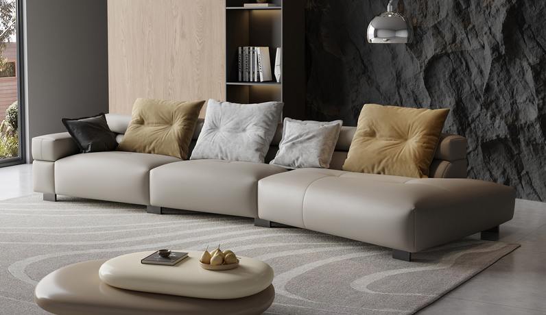 欧瑞仕 意式极简 乔西沙发 新一代耐磨抗皱仿真皮 不规则流线异形设计 创意设计感镀铬五金脚 轻盈蓬松羽绒+高回弹海绵双料填充 打造五星级坐靠感 俄罗斯落叶松实木框架 卡其色 左转角沙发