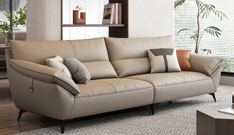 歌迪 现代简约 进口头层黄牛皮 黄金分段式撑腰软靠软弹释压 天然蓬松羽绒撞色抱枕 柔软舒适海绵坐包 时尚拼接饱满宽大扶手 高密度海绵抗压支撑秒弹复位 俄罗斯落叶松实木框架 3.0米 四人沙发