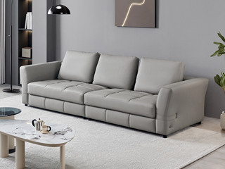  极简风格 天然纹理进口头层牛皮 蓬松柔软羽绒活动靠枕 高密度回弹海绵 俄罗斯落叶松木框架 直排沙发 浅灰色 四人沙发（此产品有短途物流费）