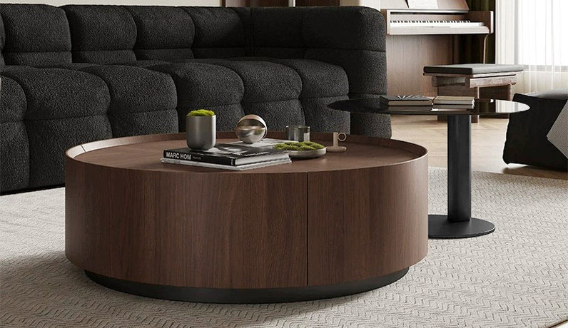 罗曼仕 极简风格 宽敞圆型几面 纹理自然胡桃木皮 台面内凹设计防掉落 稳固结实钢化玻璃 碳素钢厚实底座 圆形茶几组合（实木木皮，纹理随机）