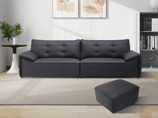  极简风格 黑巧云朵真皮沙发 纹理清晰进口头层牛皮 方块压纹设计 流线型分区靠背 黑色 三人位+脚踏 直排沙发（此产品有短途物流费）