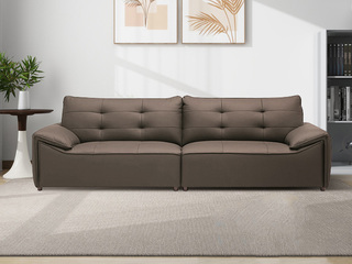  极简风格 黑巧云朵真皮沙发 纹理清晰进口头层牛皮 方块压纹设计 流线型分区靠背 浅咖色 三人位直排沙发（此产品有短途物流费）