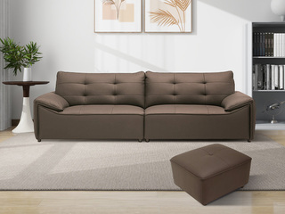  极简风格 黑巧云朵真皮沙发 纹理清晰进口头层牛皮 方块压纹设计 流线型分区靠背 浅咖色 三人位+脚踏 直排沙发（此产品有短途物流费）