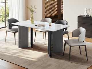  极简风格 峡谷餐桌 纹理清晰通透雪山石亮光岩板 设计感不锈钢镜板装饰条 Y型桌腿高强稳定性 圆润边角防磕碰 1.6米 餐桌