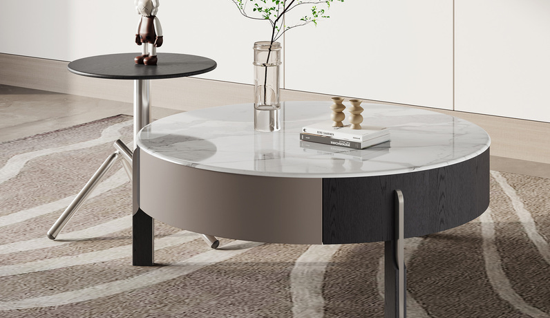 歌迪 极简风格 晶莹透亮微晶石台面 纹理自然实木木皮 大容量储物空间 火箭小圆几 稳固不锈钢五金脚 茶几组合