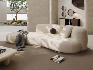  奶油风 腰果沙发 亲肤软糯雪尼尔麻布 曼妙弧形设计 高密度海绵饱满填充 宽大曲面座面双倍舒适坐感 沙发组合 3.1米 右贵妃（此配置为分体沙发 含两个方抱枕）